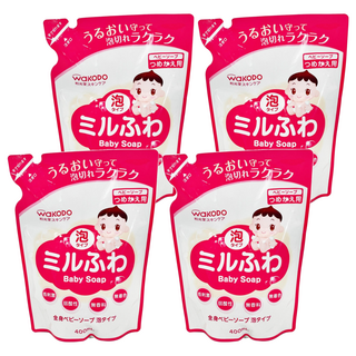 WAKODO 和光堂 潤澤嬰幼兒沐浴泡 補充包, 慕斯型 無香料, 新生兒適用, 容易清洗, 對寶寶肌膚不乾燥, 400ml, 4包