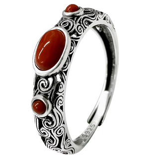 財神小舖 鴻運當頭藏紅瑪瑙戒指 925純銀可調整式戒指圈, 最大戒寬0.5cm 最小戒寬0.2cm, RS-053
