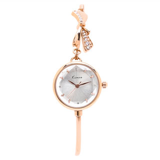 Kimio 紀念日禮物蝴蝶結花切玻璃面可調腕圍手鐲手錶, 鑽石感玻璃切割錶面，光彩奪目, 精緻蝴蝶結裝飾設計，優雅別緻, 白面玫金帶