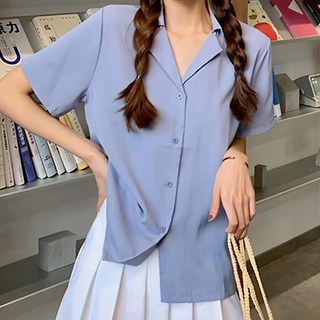 原版短袖襯衫，棉+聚酯纖維, 胸寬48cm 袖長22cm 長55cm 肩寬37cm, 藍色