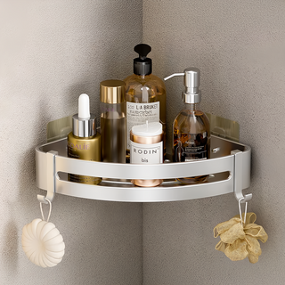 超級工廠 浴室置物架 三角籃 無痕貼片款 消光銀 轉角收納, 1個, 22 x 30.5cm