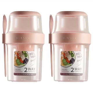 大容量雙層保鮮杯/沙拉杯 粉色 2個 - 雙層設計 保鮮便攜, 小(310 + 560ml)