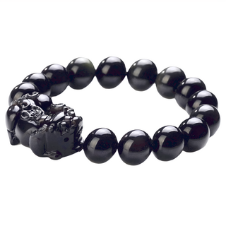 馥瑰馨盛 專業招財貔貅黑曜石手鍊, 黑色, 貔貅3.3 x 1.6 x 1.1cm + 圓珠1cm + 手圍15~16.5cm