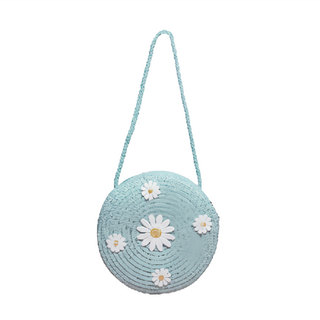 Summer Vibe 小雛菊藤編包 圓形, 包16.8 x 16.8cm 繩長42.5cm, 藍綠色