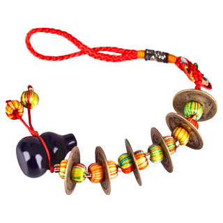 馥瑰馨盛 黑曜石葫蘆五帝錢掛件 Set 2個 (含開光加持) 吸收負能量 棉線合金銅黑曜石, 0209