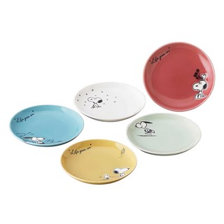 yamaka 山加商店 Snoopy 陶瓷盤5件組 日本產, 5件組(14 x 2cm), 紅色 + 藍色 + 黃色 + 綠色 + 白色, 1組