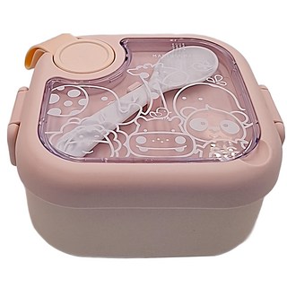 MARCUS&MARCUS 寶寶旅行餵食4件組-粉, 輕巧方便攜帶, 外出用餐好幫手, 餐具蓋, 提把, 湯匙, 防漏蓋, 食物剪, 餐碗, 餐盒, 1入