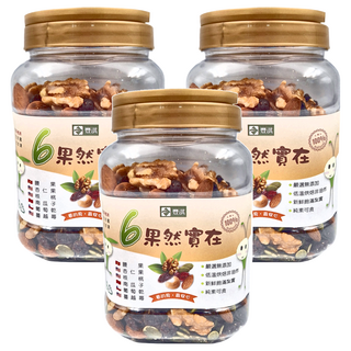 果然實在 綜合堅果 無調味 6果 腰果 杏仁果 核桃 南瓜子 葡萄乾 蔓越莓 無添加 低溫烘焙 520g, 3罐