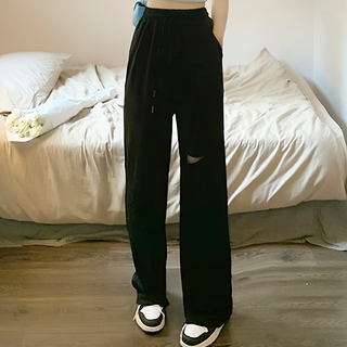 割破棉褲 寬鬆不修邊鬆緊寬褲, L, 黑色