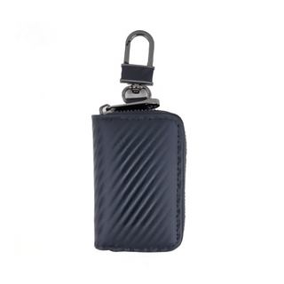 真皮碳纖維牛皮腰掛遙控鑰匙包 二層牛皮 滌綸內襯, 5.3 x 2 x 7.9cm, 黑色