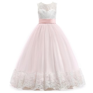 愛貝比 拼接刺繡蕾絲緞帶長裙, 五層紗裙 桃心領 粉白禮服, 140碼, 粉色