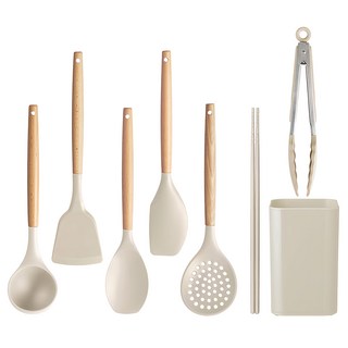 IRIS OHYAMA 愛麗思歐雅瑪 廚房用具8件組 含收納架 KT-7SS, 鍋鏟 + 湯匙 + 漏杓 + 淺口湯杓 + 抹刀 + 筷子 + 食物夾 + 用具收納架, 灰棕色, 1組