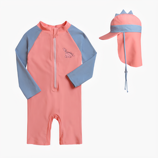 愛北鼻 寶寶連體泳衣送遮陽帽 長袖連身泳衣 可愛造型 舒適親膚, 6碼, 橙紅小恐龍