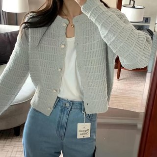 復古小香風圓領針織外套，灰色，Y7411, 肩寬37cm 胸寬45cm 袖長50cm 長49cm