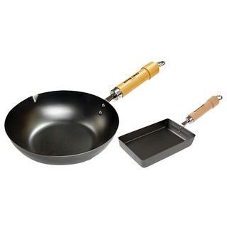 RIVER LIGHT 極PREMIUM 不易生鏽窒化鐵炒鍋玉子燒2件組 日本製, 黑色, 炒鍋 + 玉子燒鍋, 1組