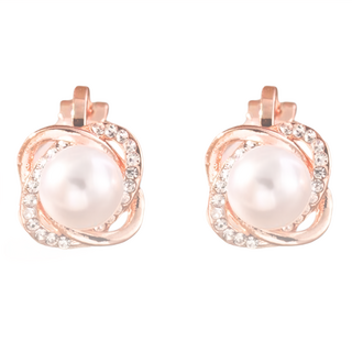 ROCiO 無耳洞耳夾式耳環 頂級CZ鑽 淡水珍珠鍍14K金, 50g一對, 玫瑰金色