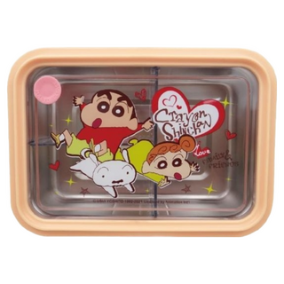 蠟筆小新 三格不鏽鋼隔熱便當盒 超萌圖案 防燙隔熱外盒設計 透氣孔設計 1100ml, 橘粉, 1個
