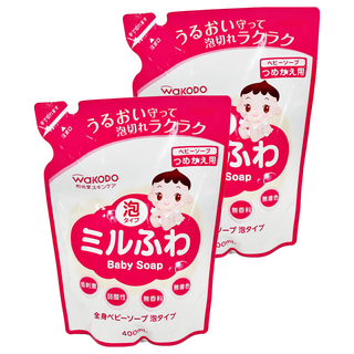 WAKODO 和光堂 潤澤嬰幼兒沐浴泡 補充包, 慕斯型 無香料, 新生兒適用, 容易清洗, 對寶寶肌膚不乾燥, 400ml, 2包
