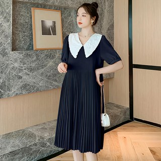 PANG PANG SHOP 翻領百褶連身裙, 娃娃領設計, Free Size, 海軍藍