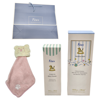 Fees BEBE 小熊寶寶 彌月藍色方形禮盒 贈提袋 清新泡泡露300ml + 爽身乳霜70ml + 粉色可愛熊熊收納擦手巾, 1組