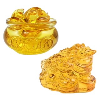 招財水晶琉璃開運擺件組, 聚寶盆+金蟾蜍 2件組, 黃色, 17*12*5cm, 1組