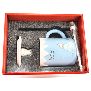北極熊馬克杯陶瓷杯禮盒套裝 帶蓋勺, 淺藍北極熊A, 1組