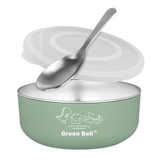 Green Bell 綠貝 兒童抗菌不鏽鋼碗組 304不鏽鋼材質 SGS檢驗合格 含透明活動蓋, 碗 + 湯匙 + 蓋子, 綠色, 1組