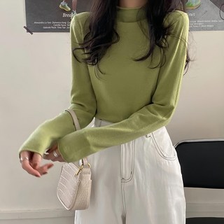 Chic女款韓版微卷邊小高領親膚多色打底衫 肩寬 34cm 胸寬 42cm 袖長 50cm 袖寬 9cm 下擺寬 43cm 全長 58cm, 綠