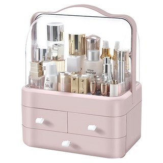 化妝品防塵收納箱 一般款 三抽屜帶提把, 櫻花粉, 1個