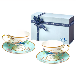 A&L 骨瓷咖啡對杯禮盒組，高級瓷土，40%骨粉，德國原裝進口，含金8~12% 賀利氏金，浮雕花紙, 鳳凰呈祥, 1組