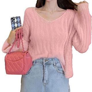 性感V領海馬毛毛衣, 肩寬 44 x 胸寬 45 x 全長 40 x 袖長 50cm, 粉