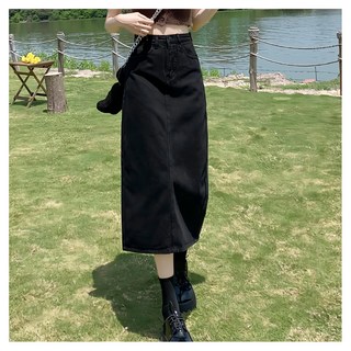 後開岔牛仔長裙 S(腰寬32cm 臀寬46cm 裙長78cm), S(腰寬32cm, 臀寬46cm, 裙長78cm), 黑色, 1件