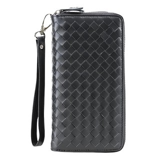 真皮頭層牛皮手工編織雙拉鍊15卡位男士長夾錢包 大容量隔層多, 黑色, 10 x 19 x 4.5cm