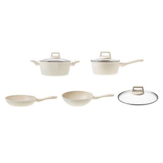 Vilivin IH電磁爐適用 鍋具5件組, 單柄湯鍋18cm + 雙耳湯鍋24cm + 平底鍋28cm + 炒鍋28cm + 玻璃鍋蓋28cm, 奶油白, 1組