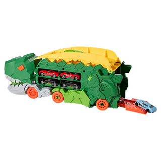 KiKimmy 多功能2IN1霸王龍雙軌競速飛車, 變形玩具 可收納小車 附4小車, 綠色, 1個