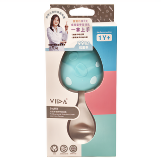 VIIDA 抗菌不鏽鋼學習湯匙 304L 食品級矽膠 一歲以上適用, 湖水綠, 11.8 x 5.2 x 3cm, 1支