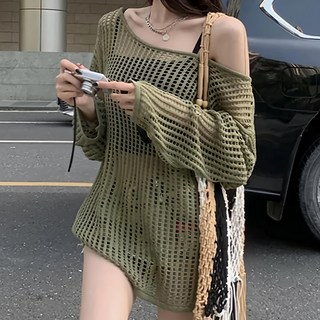 慵懶側開岔洞洞長袖罩衫, 肩寬58cm 胸寬63cm 袖長57cm 全長70cm, 灰綠色