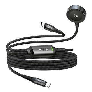 AIDOGA 艾迪伽 爵士系列 一分二 USB-C-Type-C/Apple Watch 全系列 PD 充電傳輸快充線, 黑色, 150cm, 1條