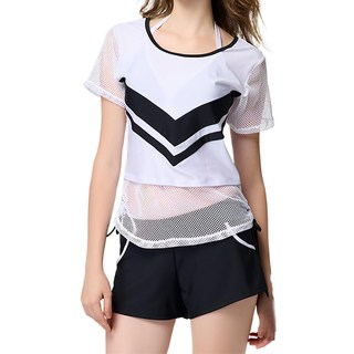 Summerlove 夏之戀 大女四件式泳衣套裝 時尚運動風 舒適透氣 多種穿搭, 白色 + 黑色, 1個