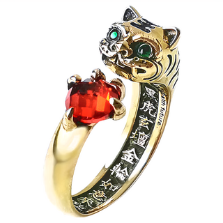 財神小舖 虎爺抱鑽戒指 純銅 硫化處理 綠/紅鋯石, 復古銅, 活戒圍