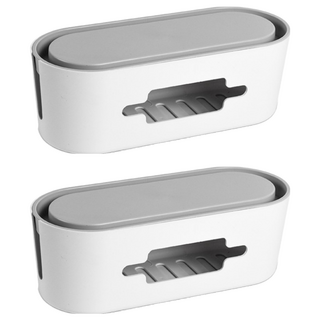 FANCY LIFE 電線收納盒，盒蓋分離設計，頂部充電線出口, 白盒灰蓋, 2個