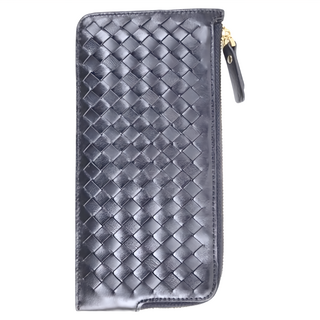 真皮羊皮手工編織L型拉鍊長夾手包 12卡位 2票據位 黑色 KN117, 10.5 x 21.3 x 0.3cm