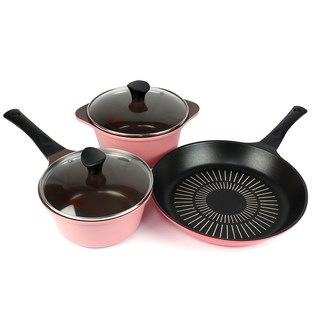 Kitchen-Art 鍋具組 附鍋蓋 2個, 單柄鍋18cm + 湯鍋20cm + 平底鍋28cm, 粉色, 1組