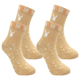 PLAYBOY 兔頭暗紋女休閒襪2雙 親膚柔軟棉 吸濕排汗, 23~25cm, 卡其色