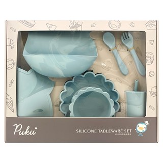 PUKU 藍色企鵝 蒔蘿鉑金矽膠餐具禮盒組 7件入 不含雙酚A 安全無毒 嚴選矽膠材質 材質彈性佳 耐摔不變形 圍兜 叉子 湯匙 吸管杯 餐墊 ..., 圍兜, 叉子, 湯匙, 吸管杯, 餐墊, 吸盤餐盤, 吸盤碗, 茉莉藍, 1組
