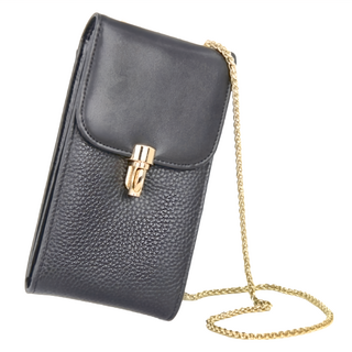頭層牛皮鍊條女士肩背包手機包小包, 10.5 x 18 x 3cm, 黑色