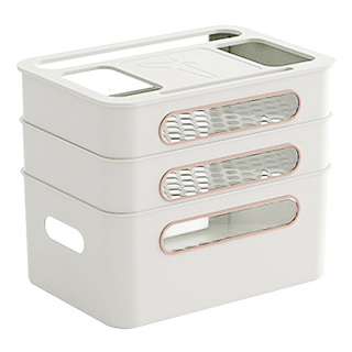 路由器收納盒, 大容量收納, 多功能蓋板, 電鍍外框, 雙側提手, 白色, 1個