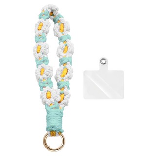 春夏編織小雛菊花朵手腕掛繩+透明墊片, 綠色+白色+黃色 1組