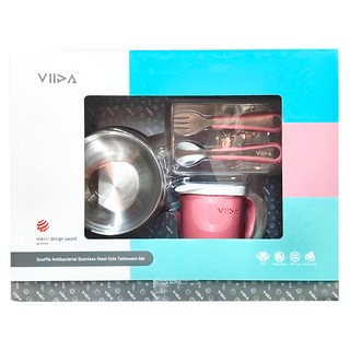 VIIDA Souffle 抗菌不鏽鋼兒童餐具套組, 甜心粉, 碗, 叉子, 勺子, 杯子, 1組