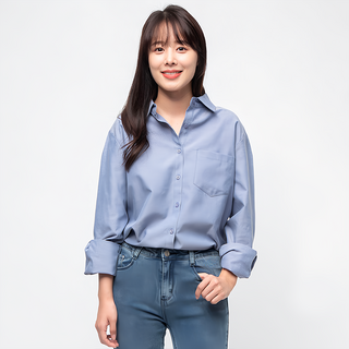 CARET 女款舒適牛津襯衫 - 寬鬆胸圍, 可遮住臀部, Free Size, 藍色